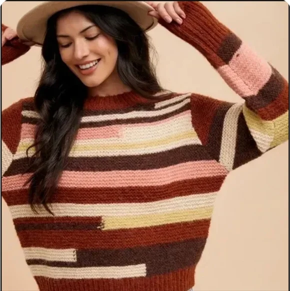 Cozy Patterned Women's Sweater in Brown, Pink, and Cream - Picture 1 of 8